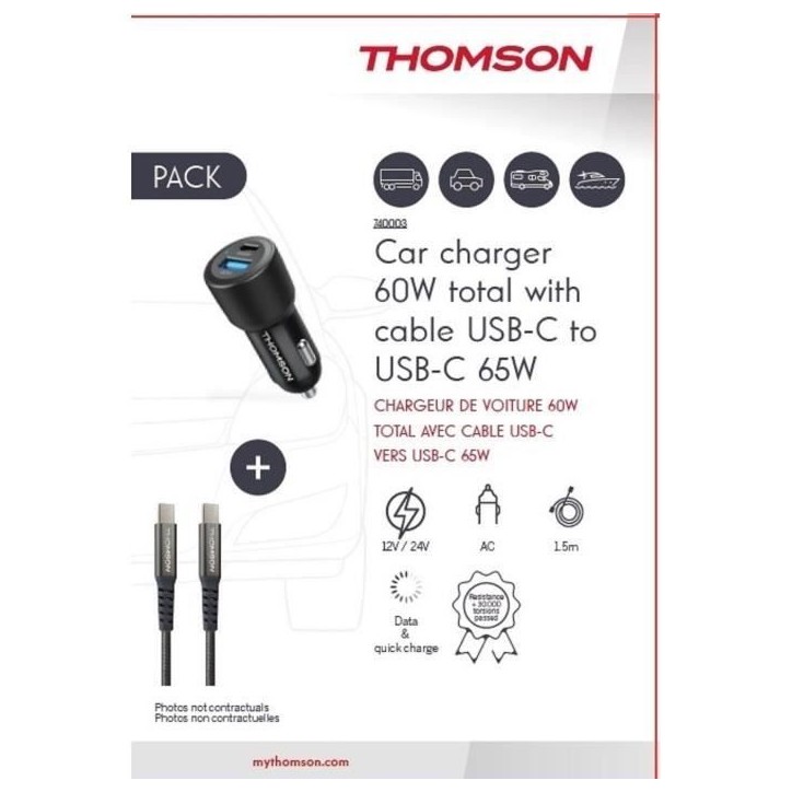 Pack chargeur + câble - THOMSON - Chargeur de voiture 60 W - Câble C vers C 65 W - 1.5 m Pack chargeur + câble - THOMSON - Chargeur de voiture 60 W - Câble C vers C 65 W - 1.5 m