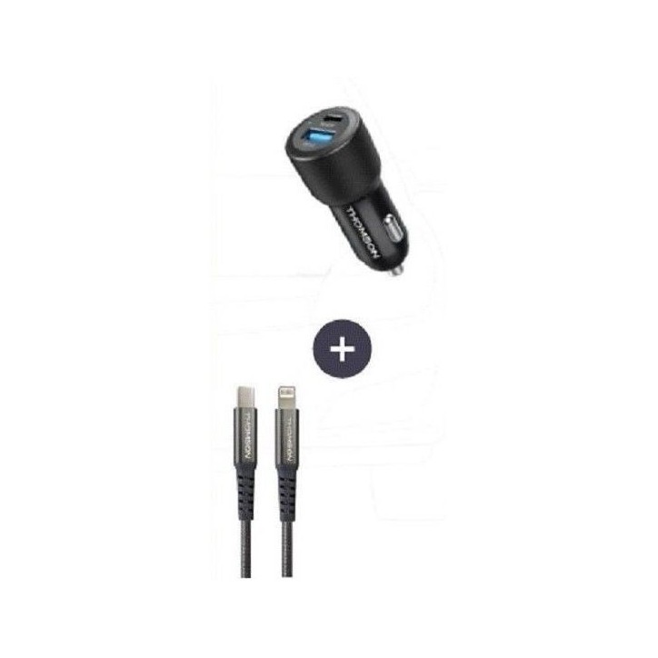 Pack chargeur + câble - THOMSON - Chargeur de voiture 60 W - Câble C vers L 5A - Longueur 1.5m Pack chargeur + câble - THOMSON - Chargeur de voiture 60 W - Câble C vers L 5A - Longueur 1.5m