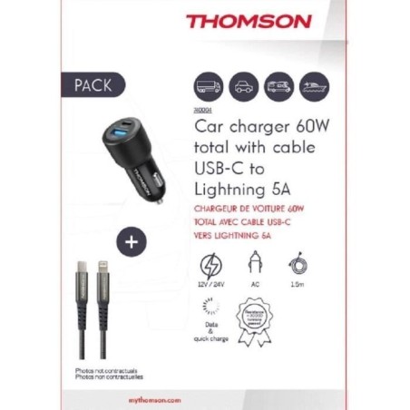 Pack chargeur + câble - THOMSON - Chargeur de voiture 60 W - Câble C vers L 5A - Longueur 1.5m