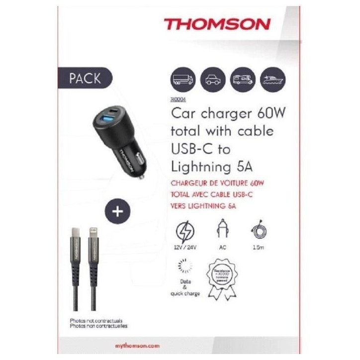 Pack chargeur + câble - THOMSON - Chargeur de voiture 60 W - Câble C vers L 5A - Longueur 1.5m Pack chargeur + câble - THOMSON - Chargeur de voiture 60 W - Câble C vers L 5A - Longueur 1.5m