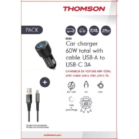 Pack chargeur + câble - THOMSON - Chargeur de voiture 60 W - Câble USB-A vers C 3A - longueur 1.5 m