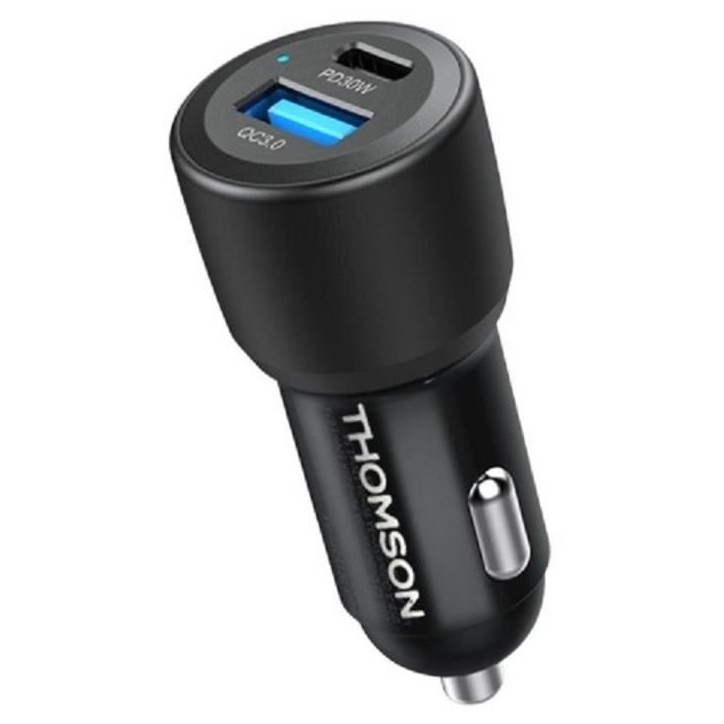 Chargeur voiture - THOMSON - 60 W - Technologie gan nouvelle génération totale - USB-C - PD 30 W + USB-A QC 3.0 - 30 W Chargeur voiture - THOMSON - 60 W - Technologie gan nouvelle génération totale - USB-C - PD 30 W + USB-A QC 3.0 - 30 W