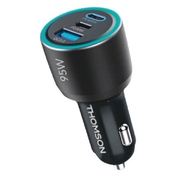 Chargeur voiture - THOMSON - 95 W - Technologie nouvelle génération totale - 2 USB-C - PD 65 W + PD 30 W - USB-A - QC 3.0 Chargeur voiture - THOMSON - 95 W - Technologie nouvelle génération totale - 2 USB-C - PD 65 W + PD 30 W - USB-A - QC 3.0