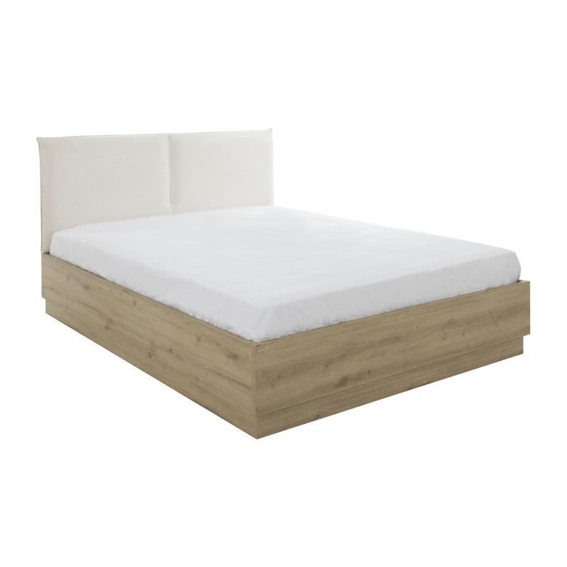 Lit coffre tete textile - TIDY - 140 x 190 cm - Chene / Ecru - Sommier