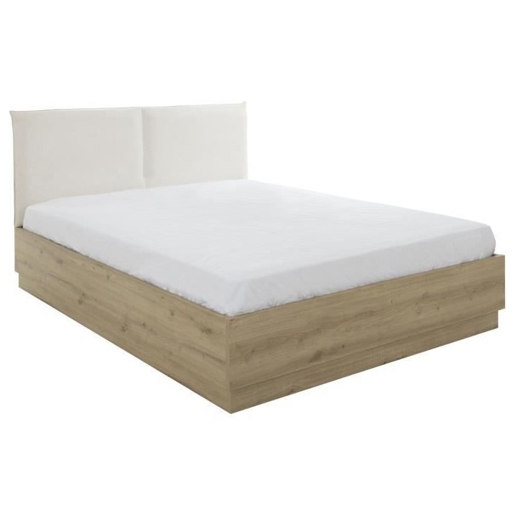 Lit coffre tete textile - TIDY - 140 x 190 cm - Chene / Ecru - Sommier inclus - GAMI Lit coffre tete textile - TIDY - 140 x 190 cm - Chene / Ecru - Sommier inclus - GAMI