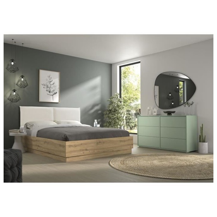 Lit coffre tete textile - TIDY - 140 x 190 cm - Chene / Ecru - Sommier inclus - GAMI Lit coffre tete textile - TIDY - 140 x 190 cm - Chene / Ecru - Sommier inclus - GAMI