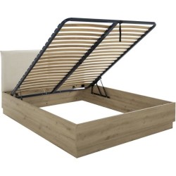 Lit coffre tete textile - TIDY - 140 x 190 cm - Chene / Ecru - Sommier
