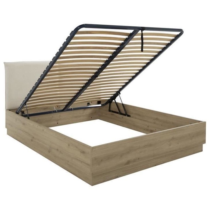 Lit coffre tete textile - TIDY - 140 x 190 cm - Chene / Ecru - Sommier inclus - GAMI Lit coffre tete textile - TIDY - 140 x 190 cm - Chene / Ecru - Sommier inclus - GAMI