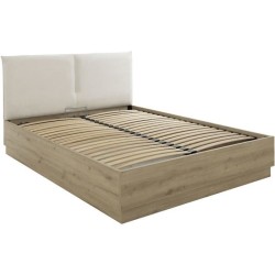 Lit coffre tete textile - TIDY - 140 x 190 cm - Chene / Ecru - Sommier