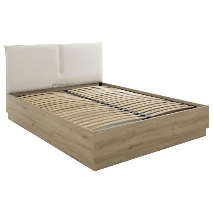 Lit coffre tete textile - TIDY - 140 x 190 cm - Chene / Ecru - Sommier inclus - GAMI Lit coffre tete textile - TIDY - 140 x 190 cm - Chene / Ecru - Sommier inclus - GAMI