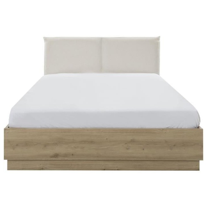 Lit coffre tete textile - TIDY - 160 x 200 cm - Chene / Ecru - Sommier inclus - GAMI