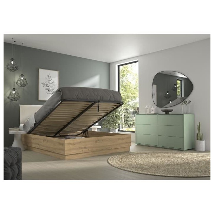 Lit coffre tete textile - TIDY - 160 x 200 cm - Chene / Ecru - Sommier inclus - GAMI