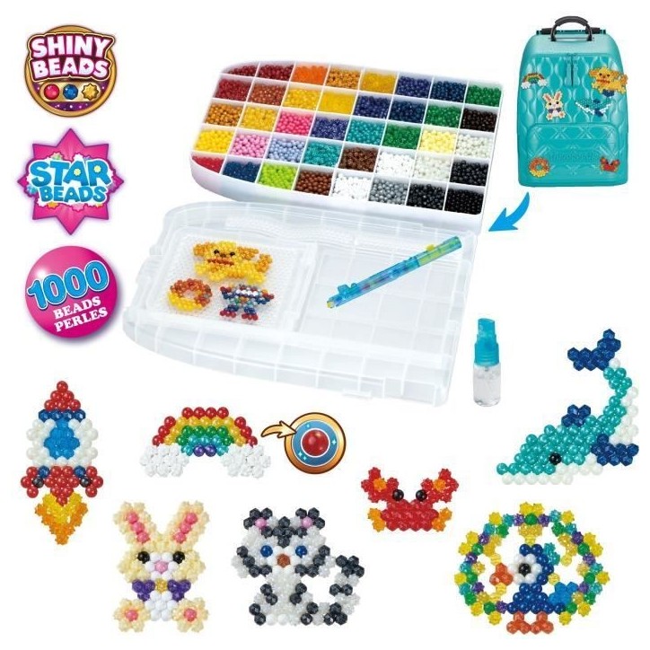 Aquabeads Le sac-a-dos créatif DX, 1000 perles de différentes formes et couleurs, perles qui collent avec de l'eau, 31993, Des