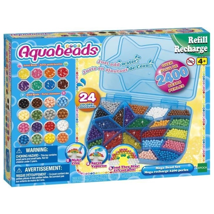 Aquabeads Méga recharge 2400 perles, perles qui collent avec de l'eau, 31502, 24 couleurs, des 4 ans
