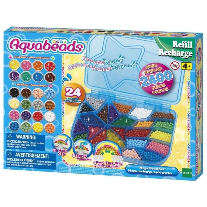 Aquabeads Méga recharge 2400 perles, perles qui collent avec de l'eau, 31502, 24 couleurs, des 4 ans