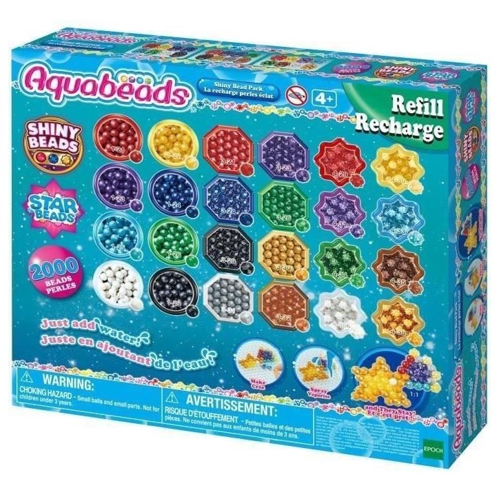 Aquabeads Recharge perles éclats, Coffret 2000 perles de 8 couleurs et 3 formes, perles qui collent avec de l'eau, 31995, Des 4