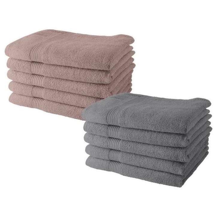 Lot de 10 serviettes de Toilette TODAY 50x90 cm 100% Coton - 5 roses des sables + 5 acier Lot de 10 serviettes de Toilette TODAY 50x90 cm 100% Coton - 5 roses des sables + 5 acier