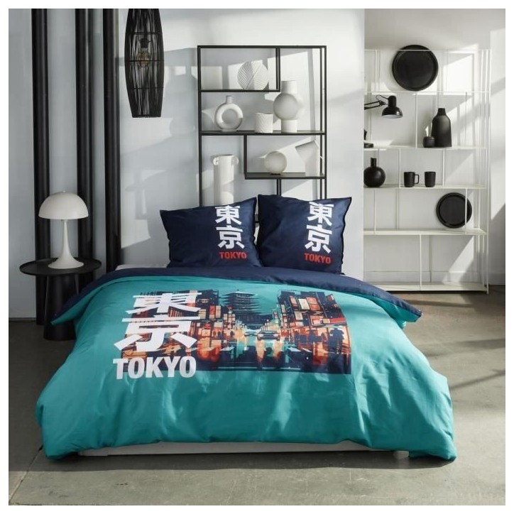 Parure de lit - TODAY - JAVA - 2 personnes - 240x220 cm - Coton - Imprimé Tokyo - Turquoise Parure de lit - TODAY - JAVA - 2 personnes - 240x220 cm - Coton - Imprimé Tokyo - Turquoise