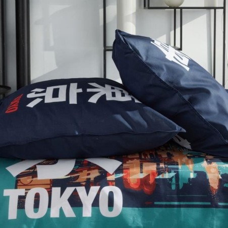 Parure de lit - TODAY - JAVA - 2 personnes - 240x220 cm - Coton - Imprimé Tokyo - Turquoise