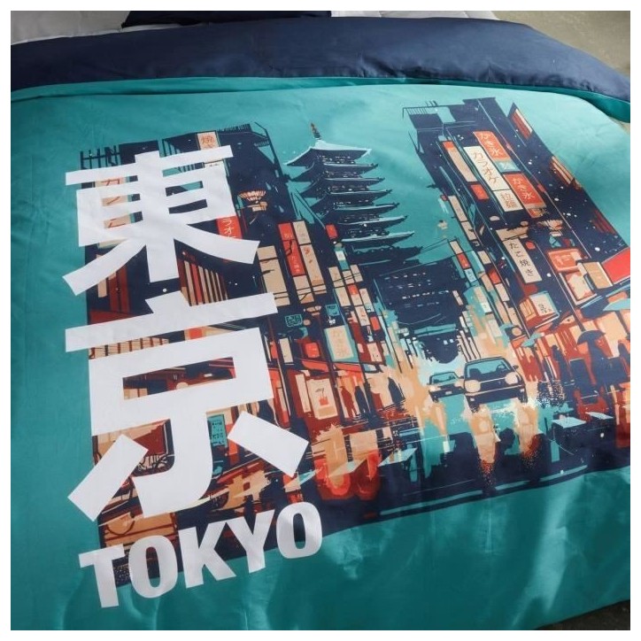 Parure de lit - TODAY - JAVA - 2 personnes - 240x220 cm - Coton - Imprimé Tokyo - Turquoise Parure de lit - TODAY - JAVA - 2 personnes - 240x220 cm - Coton - Imprimé Tokyo - Turquoise
