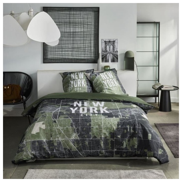 Parure de lit - TODAY - JAVA - 2 personnes - 240x220 cm - Coton - Imprimé New York - Vert Parure de lit - TODAY - JAVA - 2 personnes - 240x220 cm - Coton - Imprimé New York - Vert
