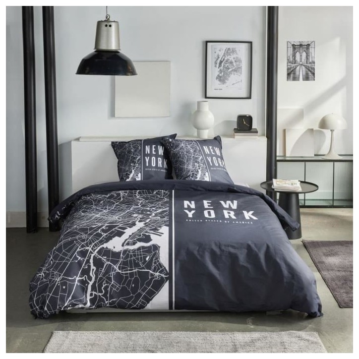 Parure de lit - TODAY - JAVA - 2 personnes - 240x220 cm - Coton - Imprimé New York - Noir Parure de lit - TODAY - JAVA - 2 personnes - 240x220 cm - Coton - Imprimé New York - Noir