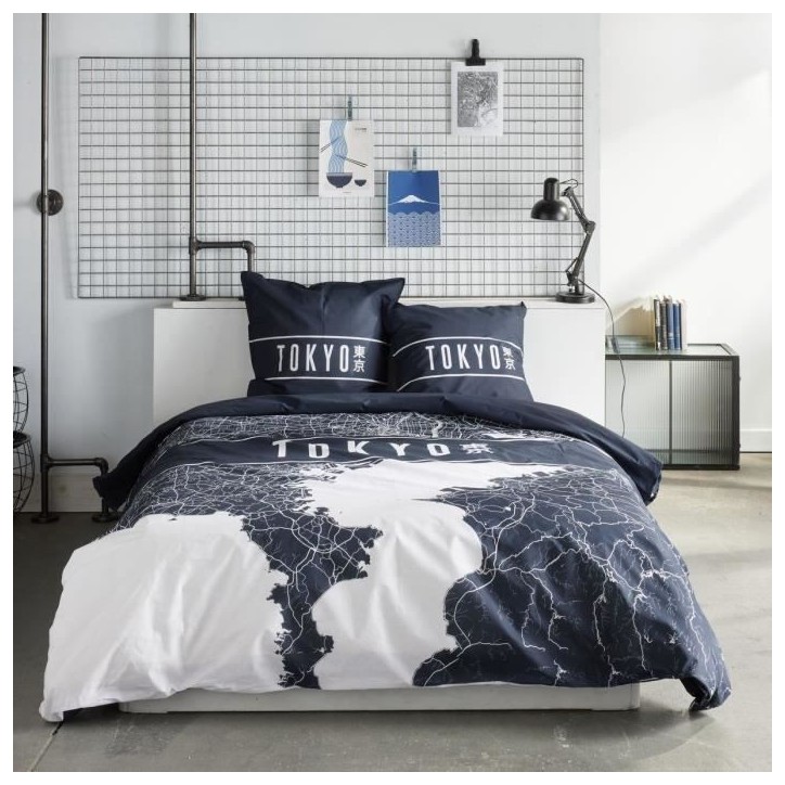 Parure de lit - TODAY - JAVA - 2 personnes - 240x220 cm - Coton - Imprimé Tokyo - Bleu foncé Parure de lit - TODAY - JAVA - 2 personnes - 240x220 cm - Coton - Imprimé Tokyo - Bleu foncé