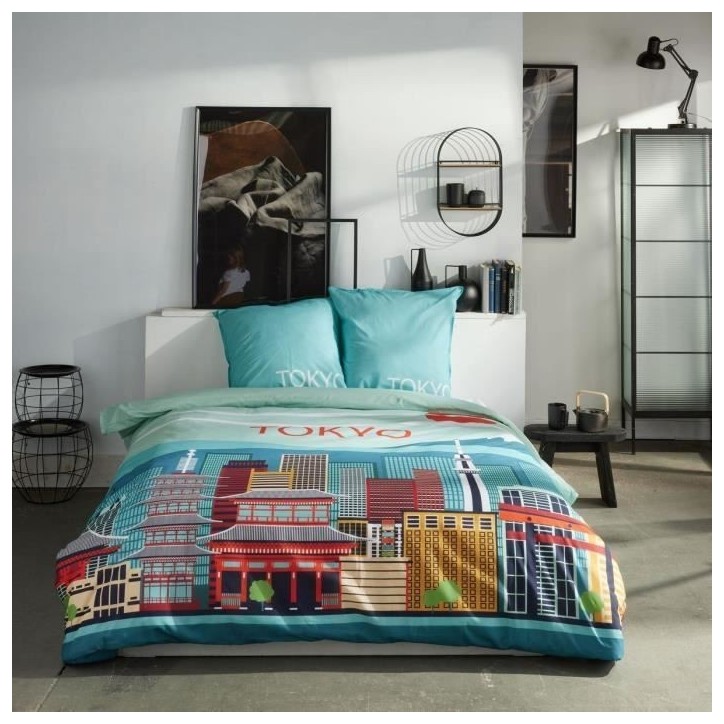 Parure de lit - TODAY - JAVA - 2 personnes - 240x220 cm - Coton - Imprimé Tokyo - Bleu Parure de lit - TODAY - JAVA - 2 personnes - 240x220 cm - Coton - Imprimé Tokyo - Bleu