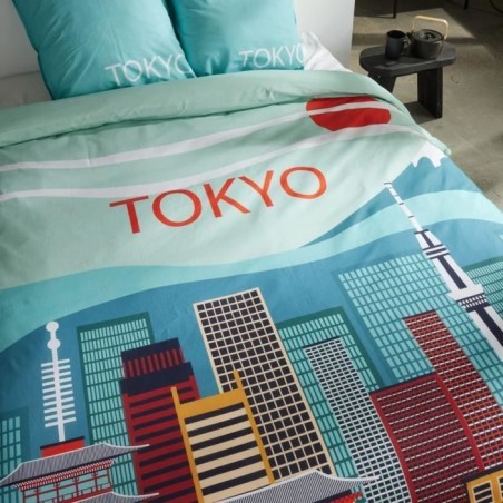 Parure de lit - TODAY - JAVA - 2 personnes - 240x220 cm - Coton - Imprimé Tokyo - Bleu