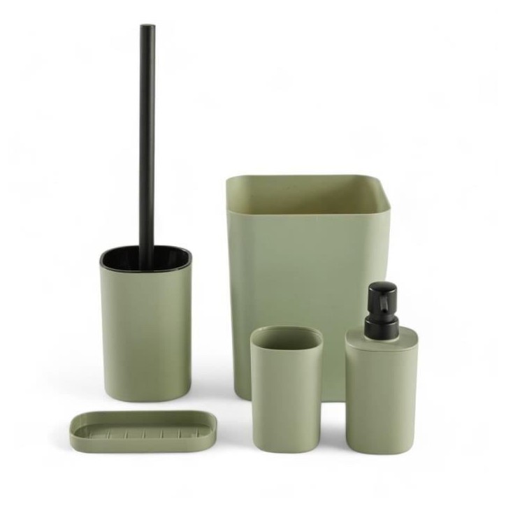 Set de 5 acc SDB - TODAY - UTILITY - Distr de savon, porte-brosse a dents, porte savon, brosse WC, poubelle - Green Set de 5 acc SDB - TODAY - UTILITY - Distr de savon, porte-brosse a dents, porte savon, brosse WC, poubelle - Green
