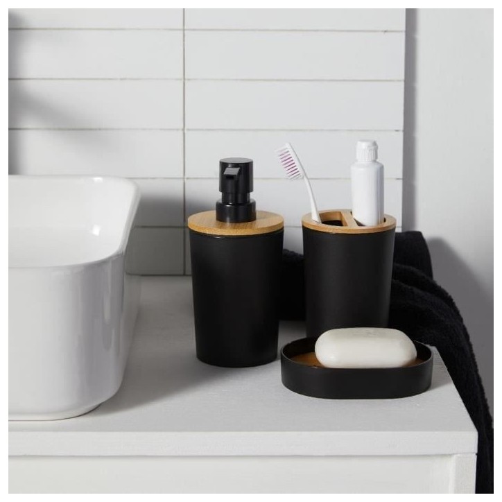 Lot de 6 acc SDB - TODAY - UTILITY - Dist savon, gobelet, porte-brosse a dents, porte savon, brosse WC, poubelle - Black