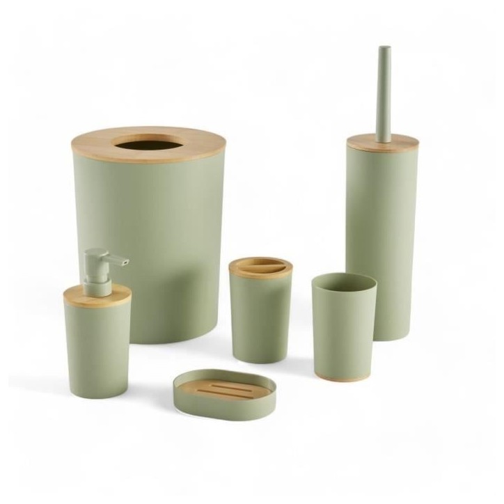 Lot de 6 acc SDB - TODAY - UTILITY - Dist savon, gobelet, porte-brosse a dents, porte savon, brosse WC, poubelle - Green Lot de 6 acc SDB - TODAY - UTILITY - Dist savon, gobelet, porte-brosse a dents, porte savon, brosse WC, poubelle - Green