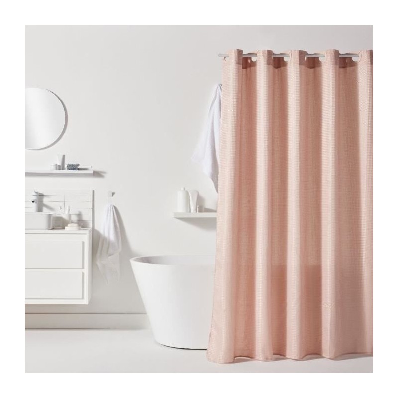 Rideau de douche gauffré - Pink - Polyester - 180 x 200 cm - 12 croch