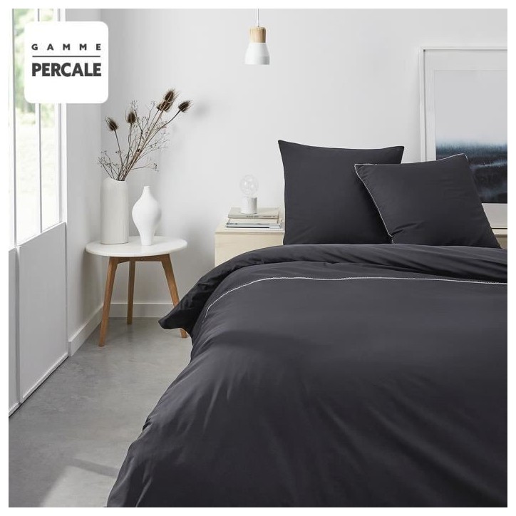 Parrure de lit TODAY Prestige - 220 x 240 cm - 2 personnes - 100% Percale Finition dentelle - Fusain Parrure de lit TODAY Prestige - 220 x 240 cm - 2 personnes - 100% Percale Finition dentelle - Fusain