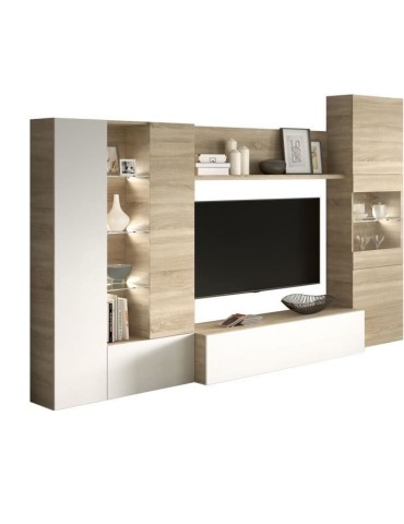 ESSENCIAL Meuble TV avec LED classique blanc brillant et décor chene - L 260 cm