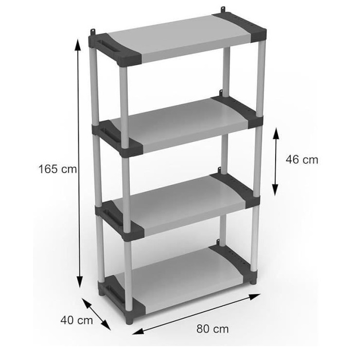 Étagere plastique - TOOD - 4 tablettes - Charge 80 kg par tablette - 80x40x168 cm - Noir/gris Étagere plastique - TOOD - 4 tablettes - Charge 80 kg par tablette - 80x40x168 cm - Noir/gris