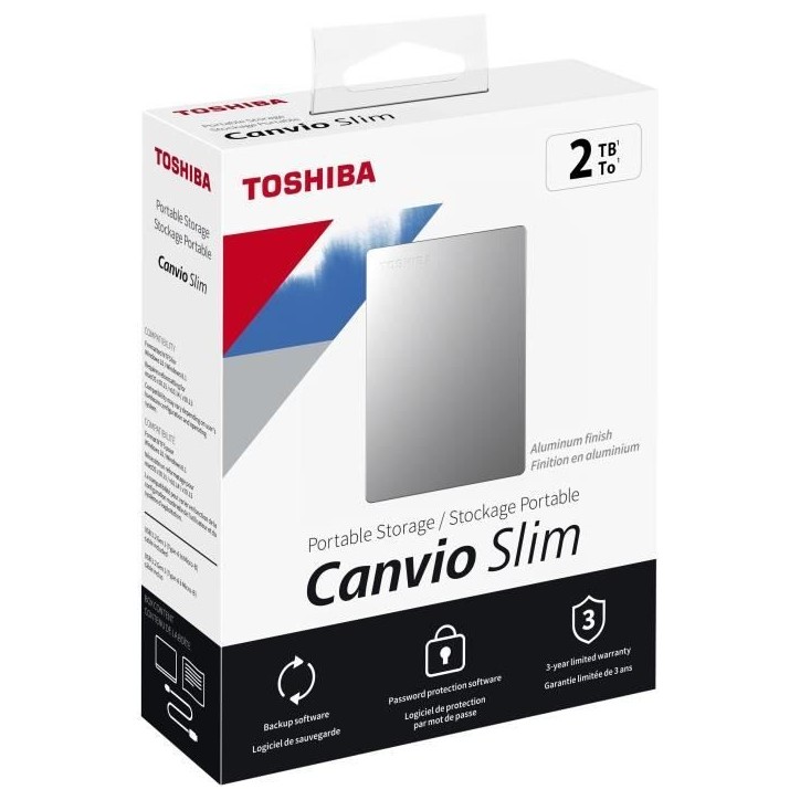 Disque dur externe - TOSHIBA - Canvio Slim - 2 To - Argent