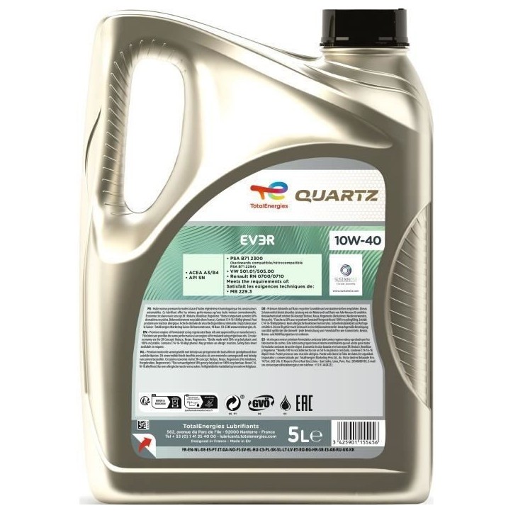 Huile moteur - TOTALENERGIES - Quartz EV3R 10W-40 - 5L Huile moteur - TOTALENERGIES - Quartz EV3R 10W-40 - 5L