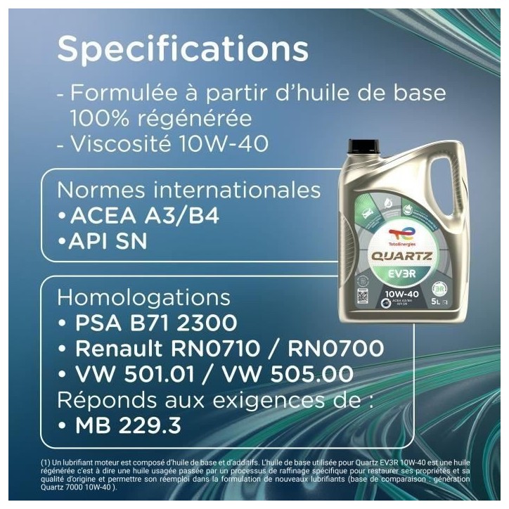 Huile moteur - TOTALENERGIES - Quartz EV3R 10W-40 - 5L Huile moteur - TOTALENERGIES - Quartz EV3R 10W-40 - 5L