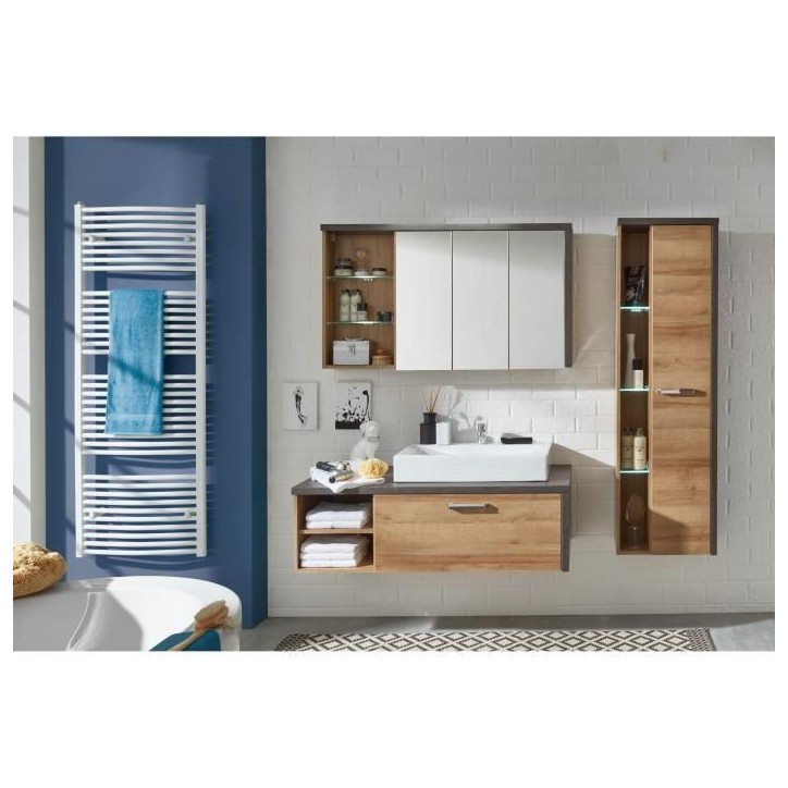 Ensemble meubles salle de bain vasque + colonne + miroir armoire - L186 x P53 x H198 cm - BAY