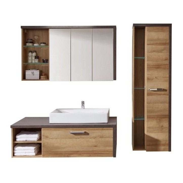 Ensemble meubles salle de bain vasque + colonne + miroir armoire - L186 x P53 x H198 cm - BAY