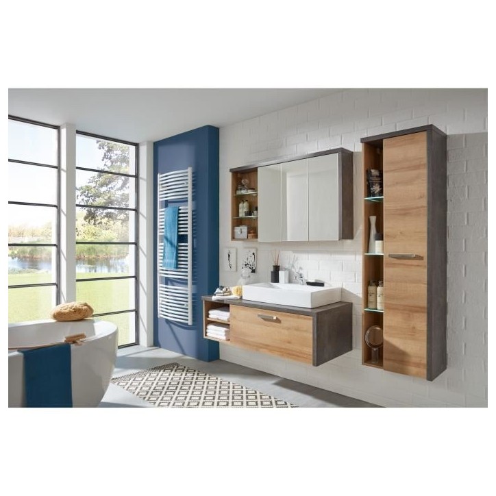 Ensemble meubles salle de bain vasque + colonne + miroir armoire - L186 x P53 x H198 cm - BAY