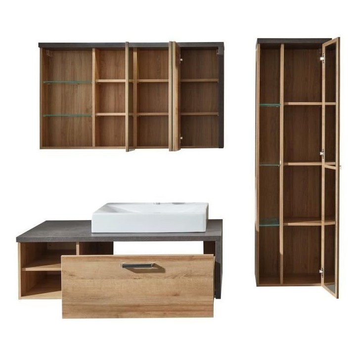 Ensemble meubles salle de bain vasque + colonne + miroir armoire - L186 x P53 x H198 cm - BAY
