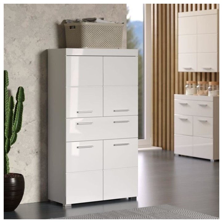 Meuble de salle de bain Colonne double - 4 portes + 1 tiroir - L73 x P31 x H130 cm - Blanc - AMANDA