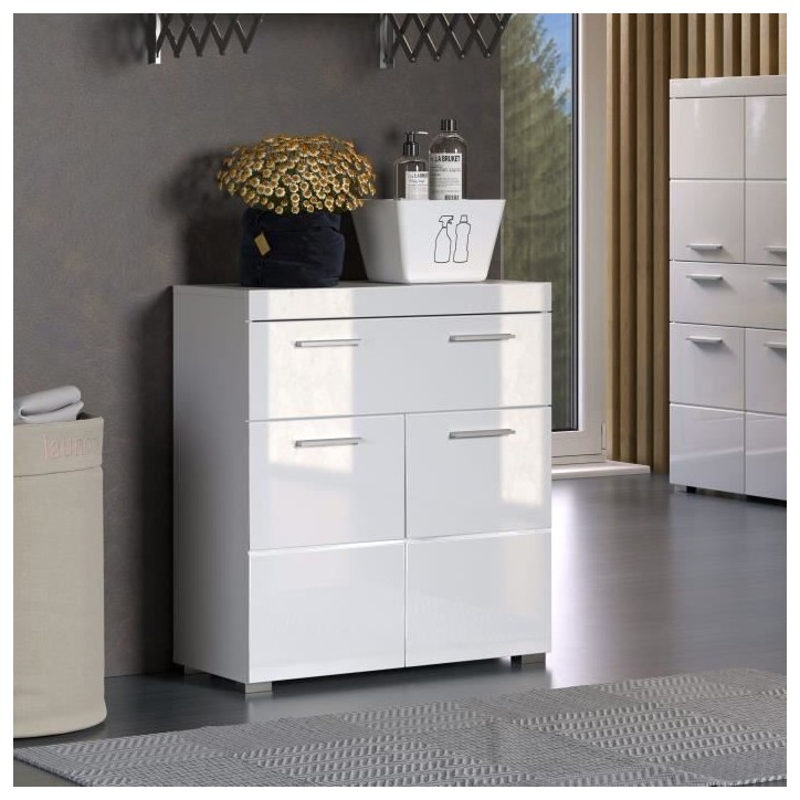 Meuble de salle de bain Rangement bas - 2 portes & 1 tiroir - Blanc - L 73 x P 31 x H 79 cm - AMANDA Meuble de salle de bain Rangement bas - 2 portes & 1 tiroir - Blanc - L 73 x P 31 x H 79 cm - AMANDA