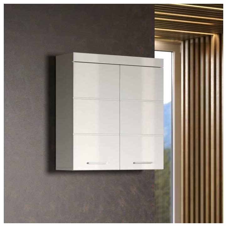 Meuble de salle de bain Rangement haut - 2 portes - Blanc - L 73 x P 23 x H 77 cm - AMANDA