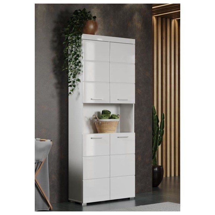 Meuble de salle de bain Colonne double - 4 portes + 1 niche - L73 x P31 x H190 cm - Blanc - AMANDA