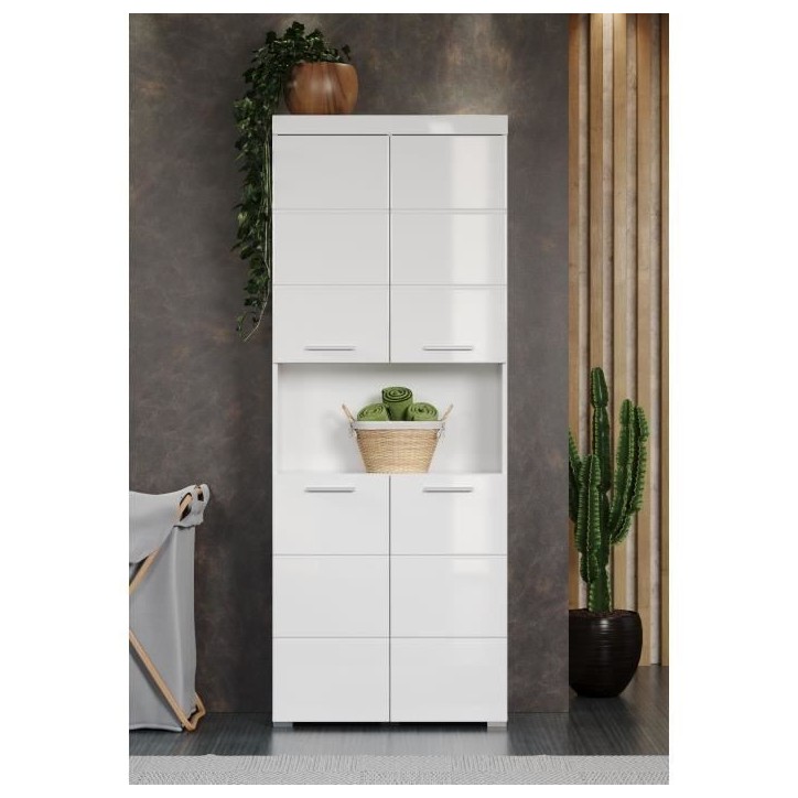 Meuble de salle de bain Colonne double - 4 portes + 1 niche - L73 x P31 x H190 cm - Blanc - AMANDA