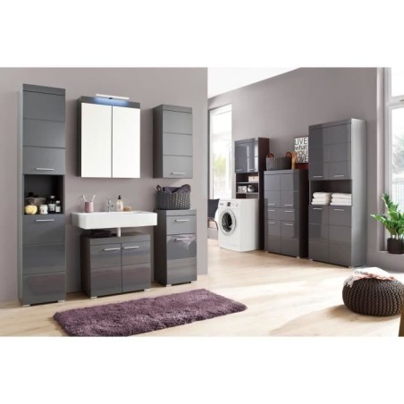 Meuble de salle de bain Colonne double - 4 portes + 1 tiroir - L73 x P31 x H130 cm - Gris - AMANDA