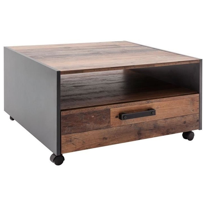 Table basse carré a roulette - Panneaux de particules - Décor bois vieilli et gris - Double plateau -1 Tiroir - L70 x P70 x H4 Table basse carré a roulette - Panneaux de particules - Décor bois vieilli et gris - Double plateau -1 Tiroir - L70 x P70 x H4